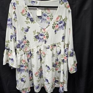 Floral V-Neck Peplum Tunic Top - White with Purple & Pink Blossoms